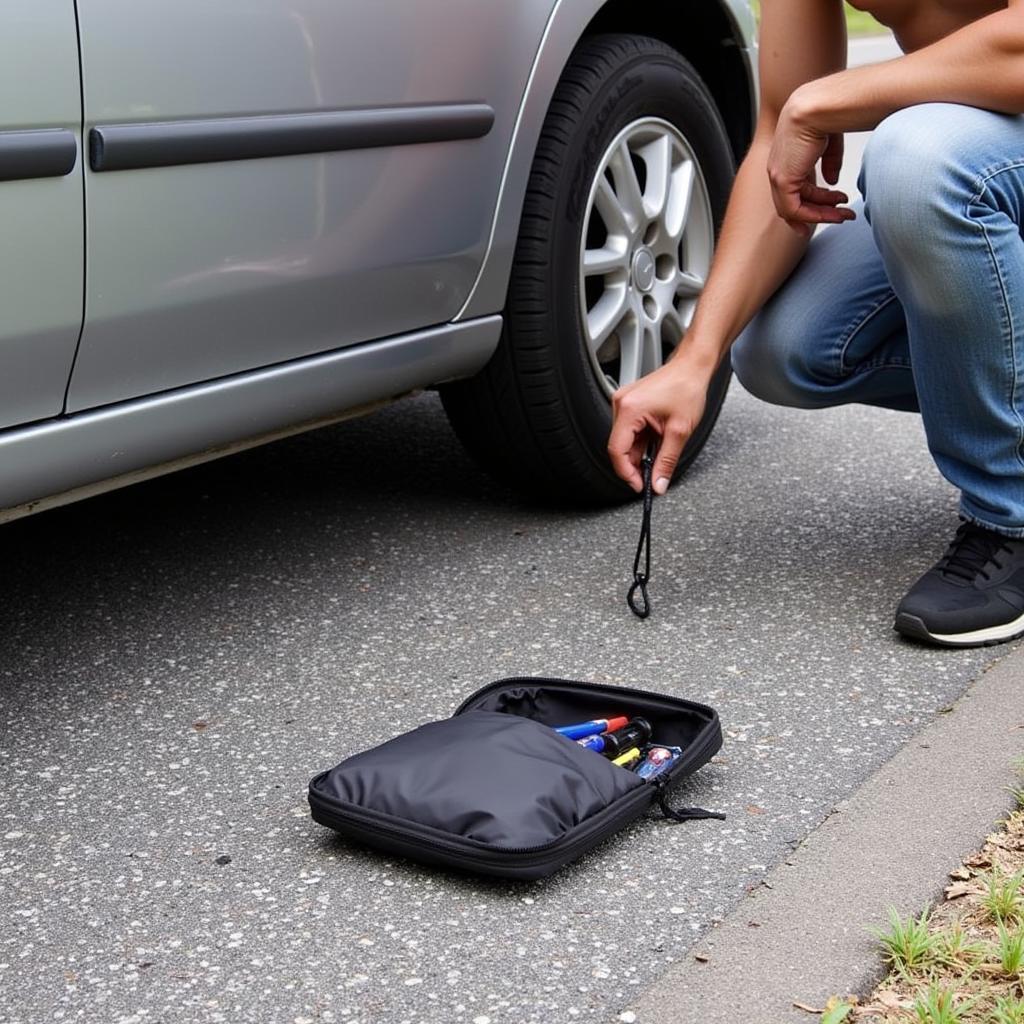 A driver using tools from a zip pouch to change a flat tire on the side of the road.