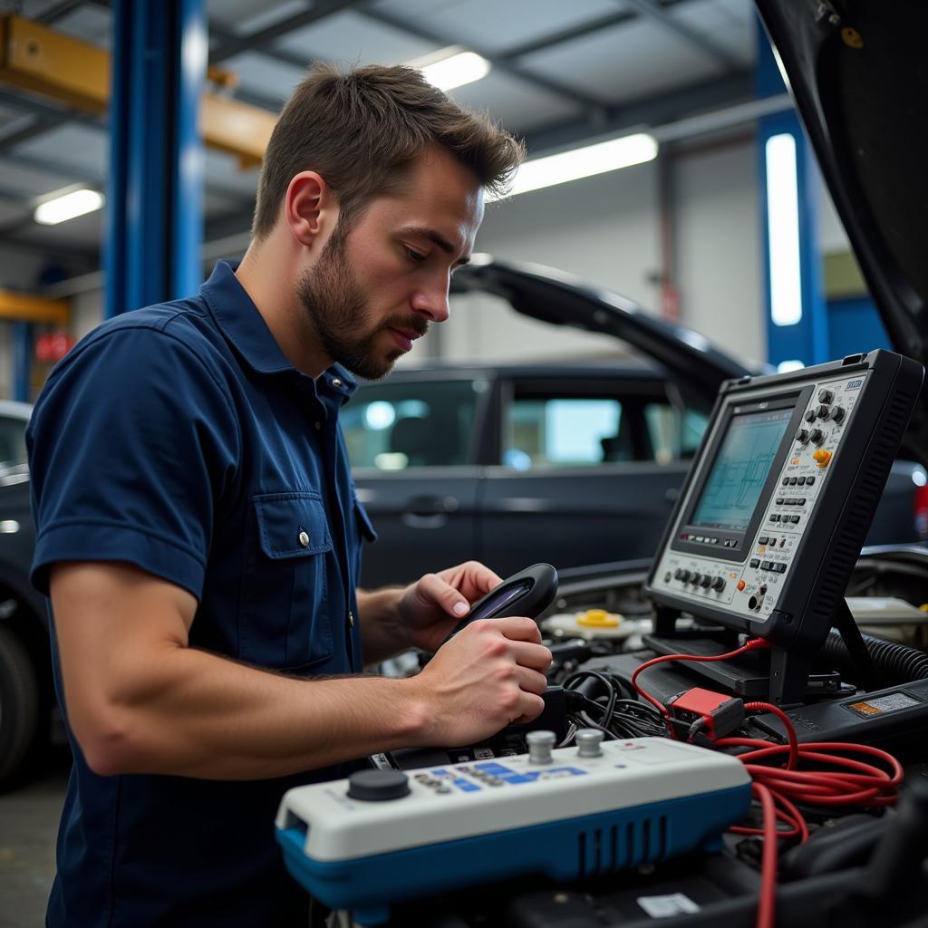 Mechanic using diagnostic tools in a Bristol workshop