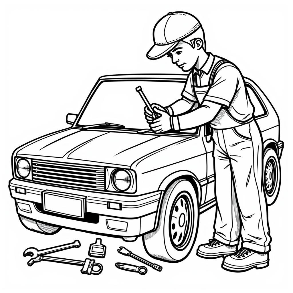 Coloring Page of a Mechanic Working