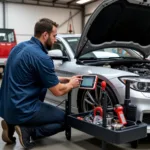 Mechanic Working on a Car in Crawley with Specialized Tools