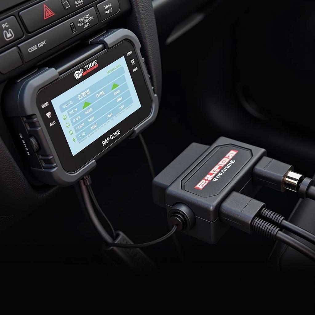 Car Tools Raptor Diagnostic Interface connected to a car's OBD-II port.