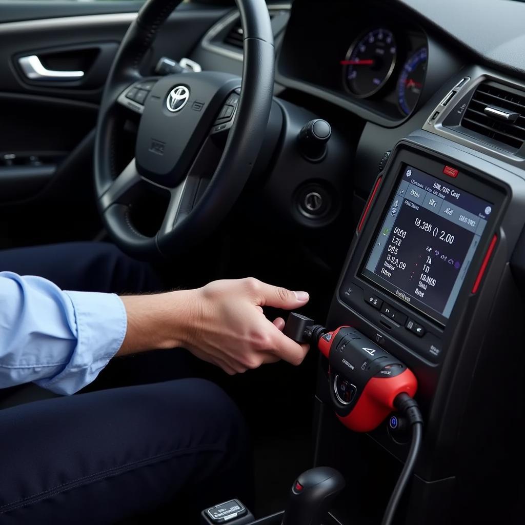 Mechanic using a car truck engine diagnostic tool to troubleshoot a vehicle's engine.