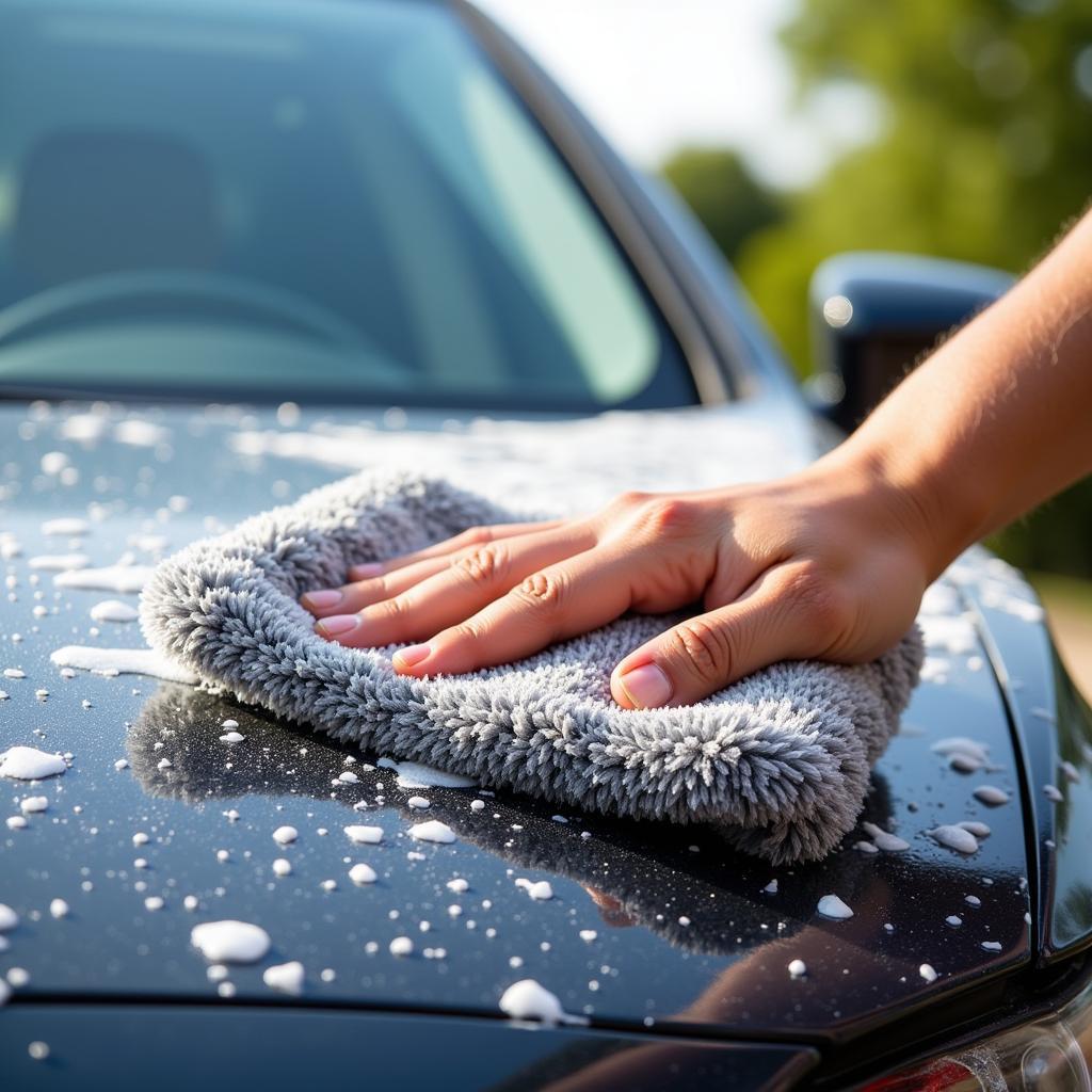 Microfiber Car Wash Mitt Cleaning a Car