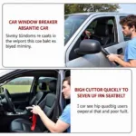 Car window breaker and seatbelt cutter being used in an emergency