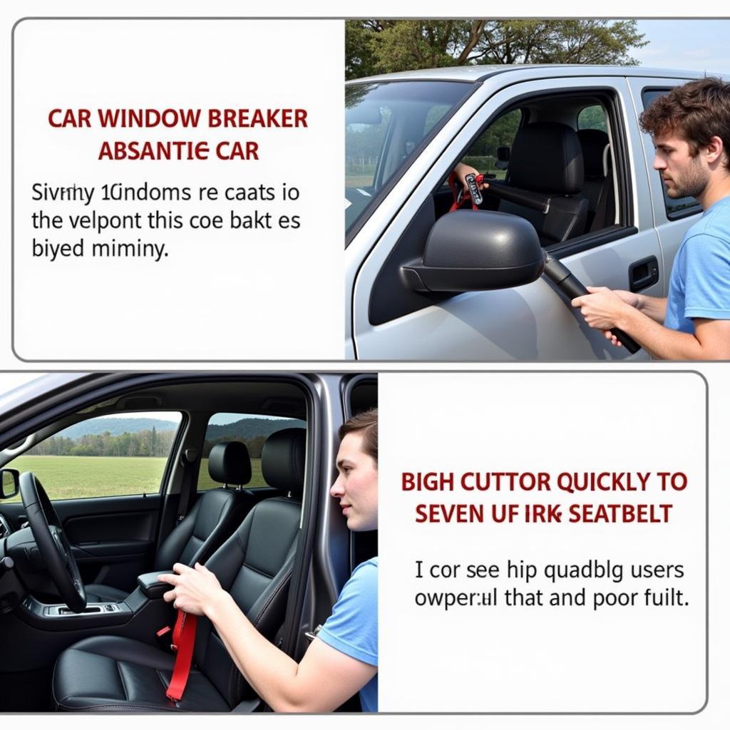 Car window breaker and seatbelt cutter being used in an emergency