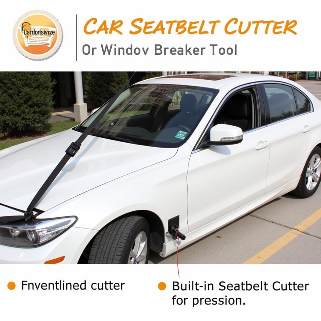 Car window breaker tool with an integrated seatbelt cutter