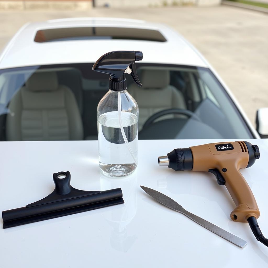 Essential Car Window Tinting Tools: Squeegee, Knife, Spray Bottle, and Heat Gun