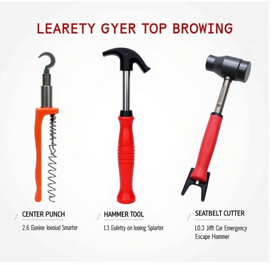 Different types of car windshield breaking tools: spring-loaded, hammer-style, and emergency hammer