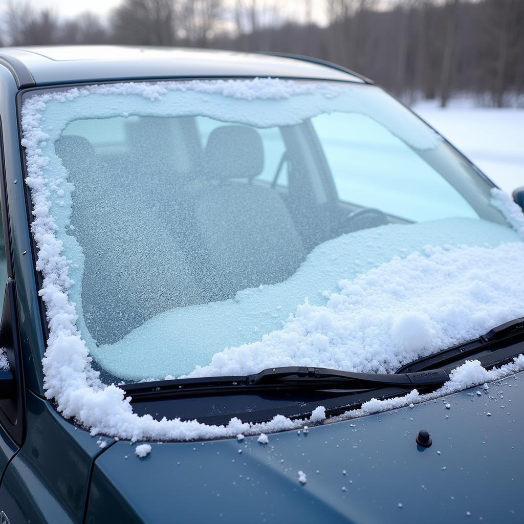 Car windshield covered with a thick layer of ice