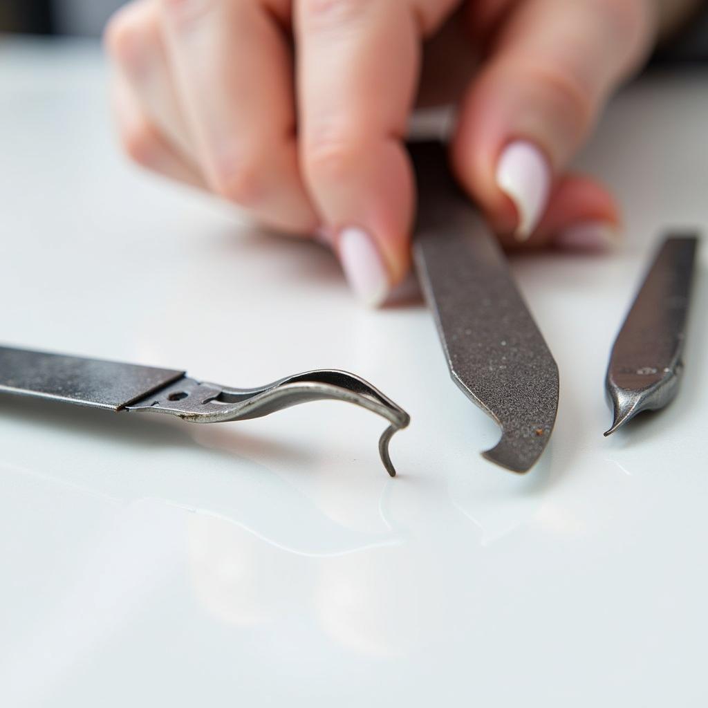 Technician meticulously inspecting nail files and clippers for any signs of wear and tear, cracks, or rust.