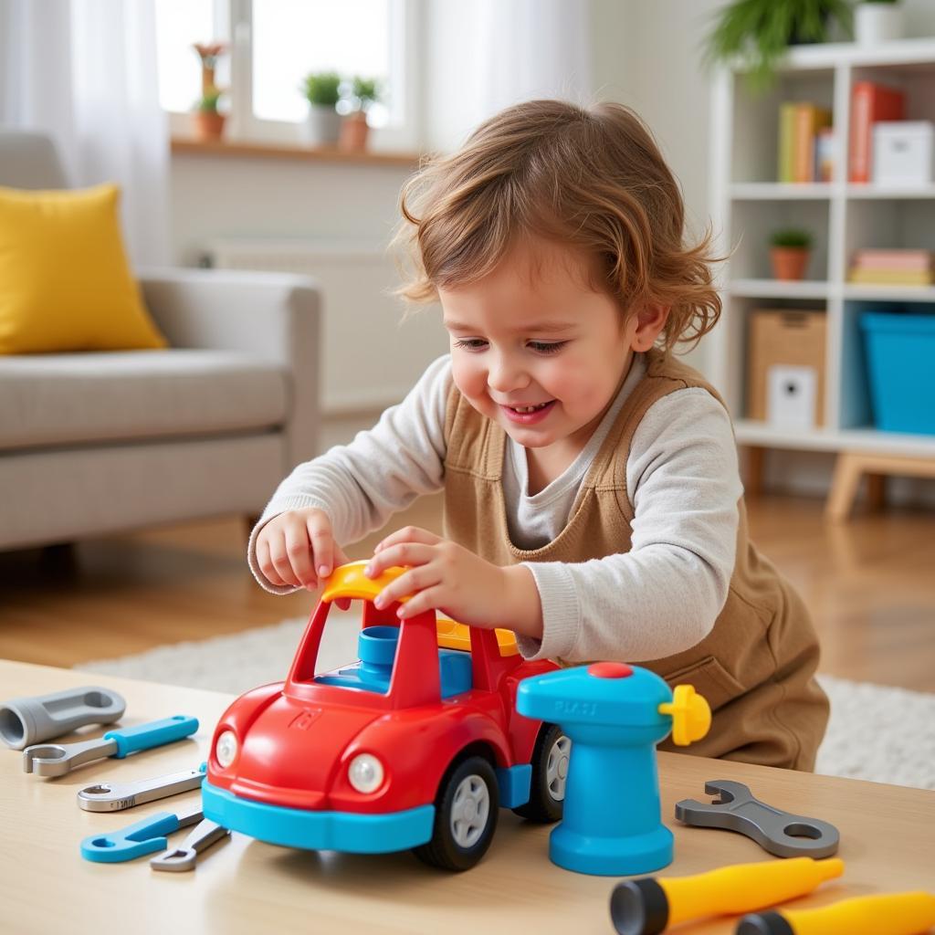 Child Playing with Car Tool Kit Toy