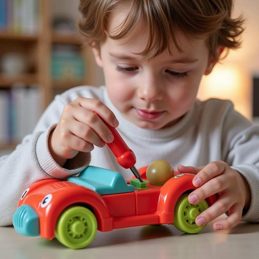 Child Playing with Play Skool Car and Tools