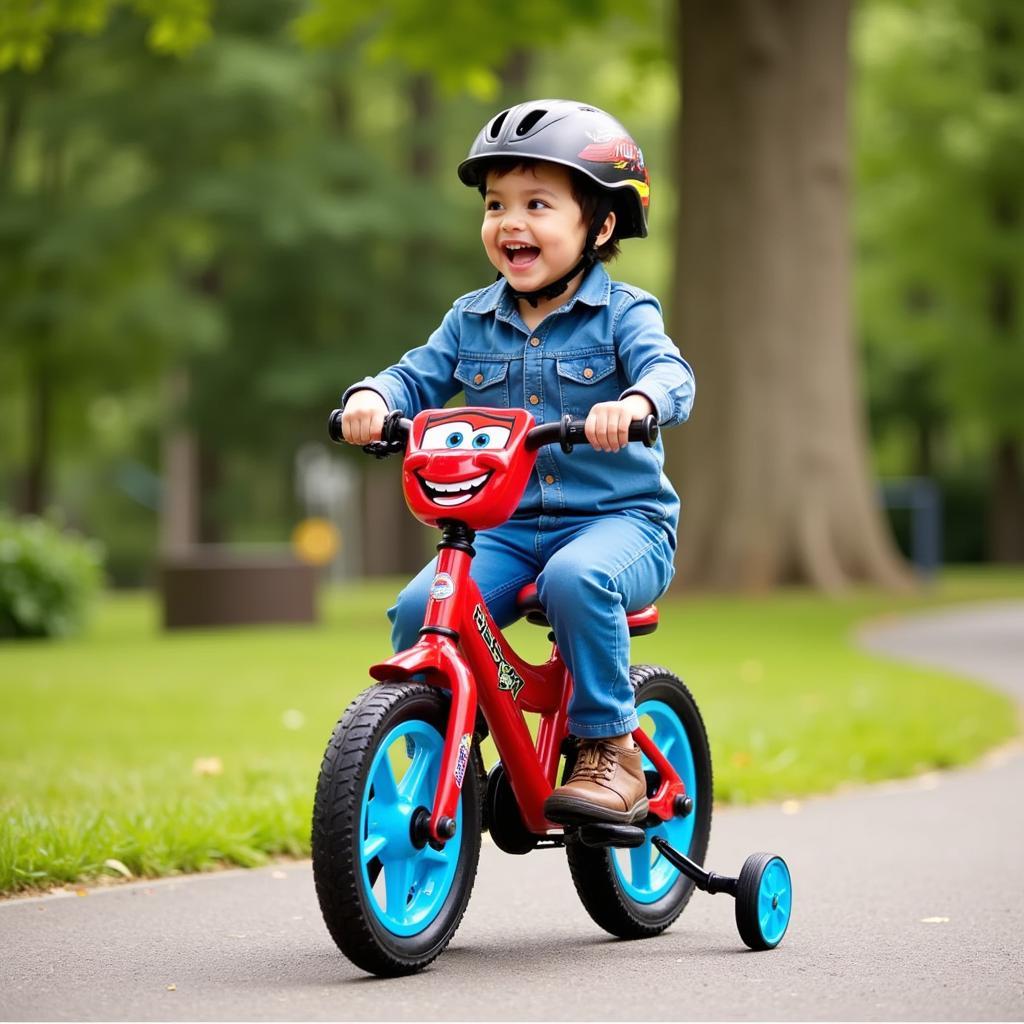 Child Riding the 12-Inch Huffy Disney Cars Bike in a Park