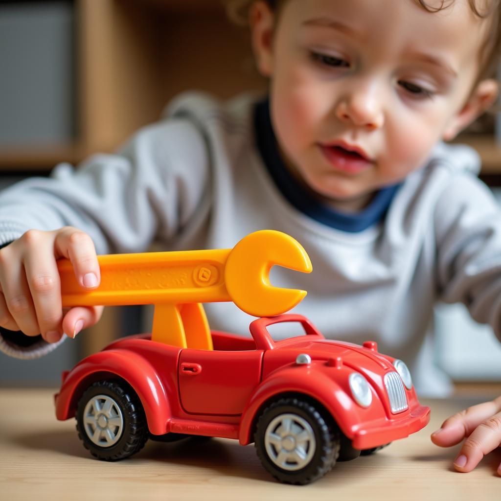 A Child Using a Toy Wrench on a Toy Car