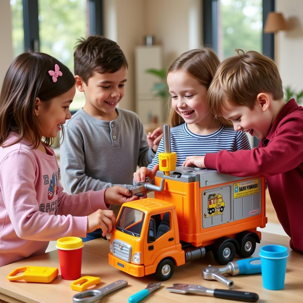 Children playing in a toy workshop using a tool kit