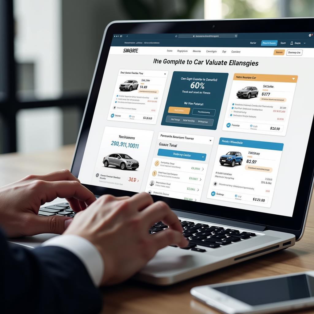 Choosing the Right Car Market Analysis Tool:  A person reviews various car valuation websites on their laptop, comparing features and data presented by each platform.