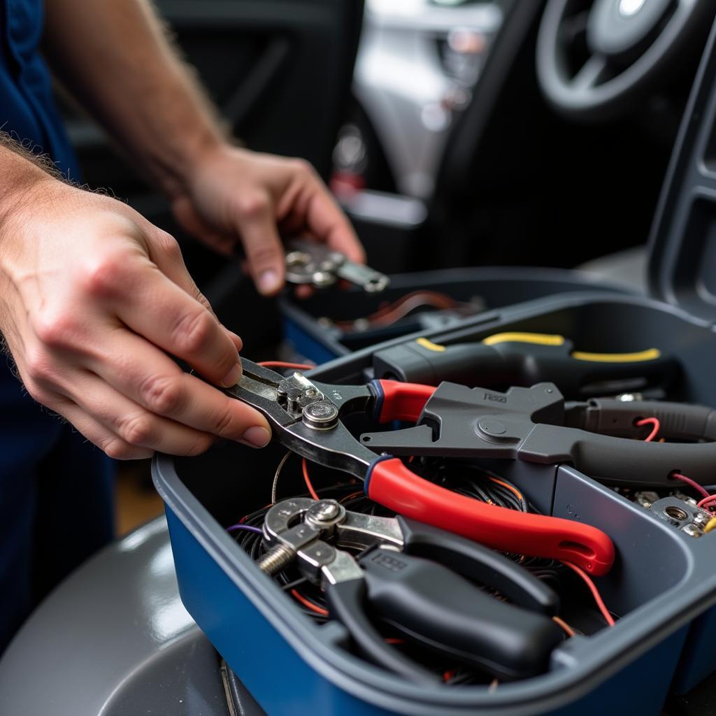 Mechanic Selecting Car Alarm Installation Tools