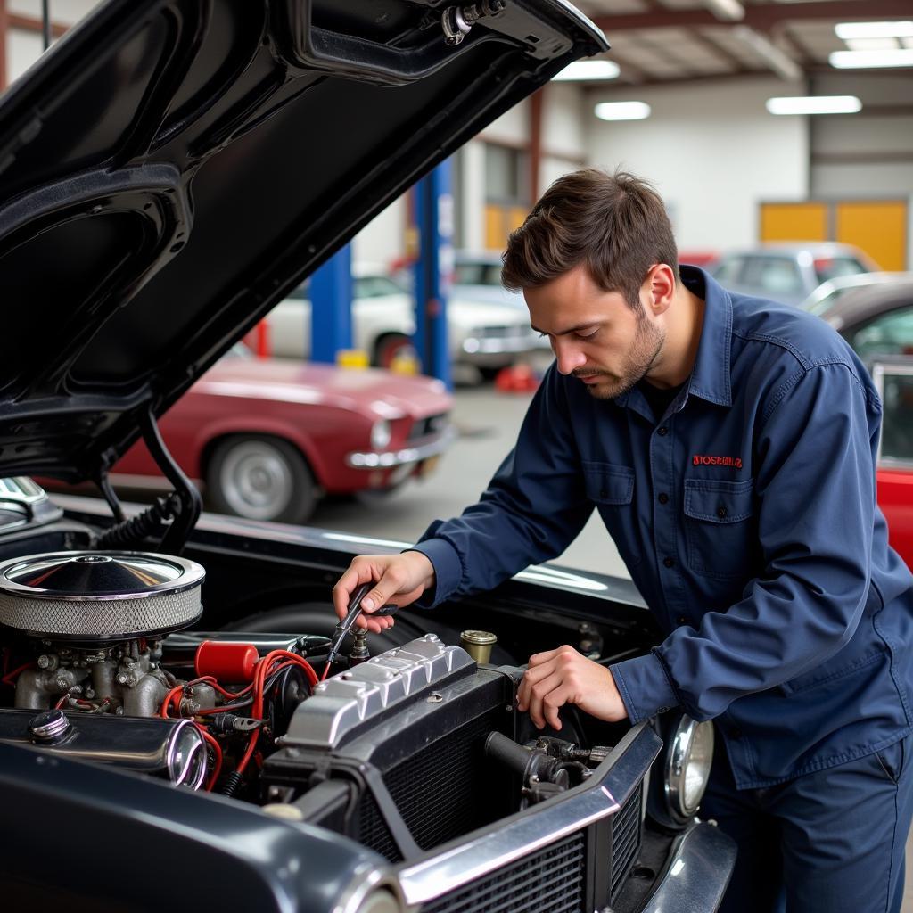 Classic Car Mechanic Performing Engine Repair