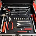 Essential tools for a classic car toolbox - wrenches, sockets, screwdrivers, pliers, and a hammer.