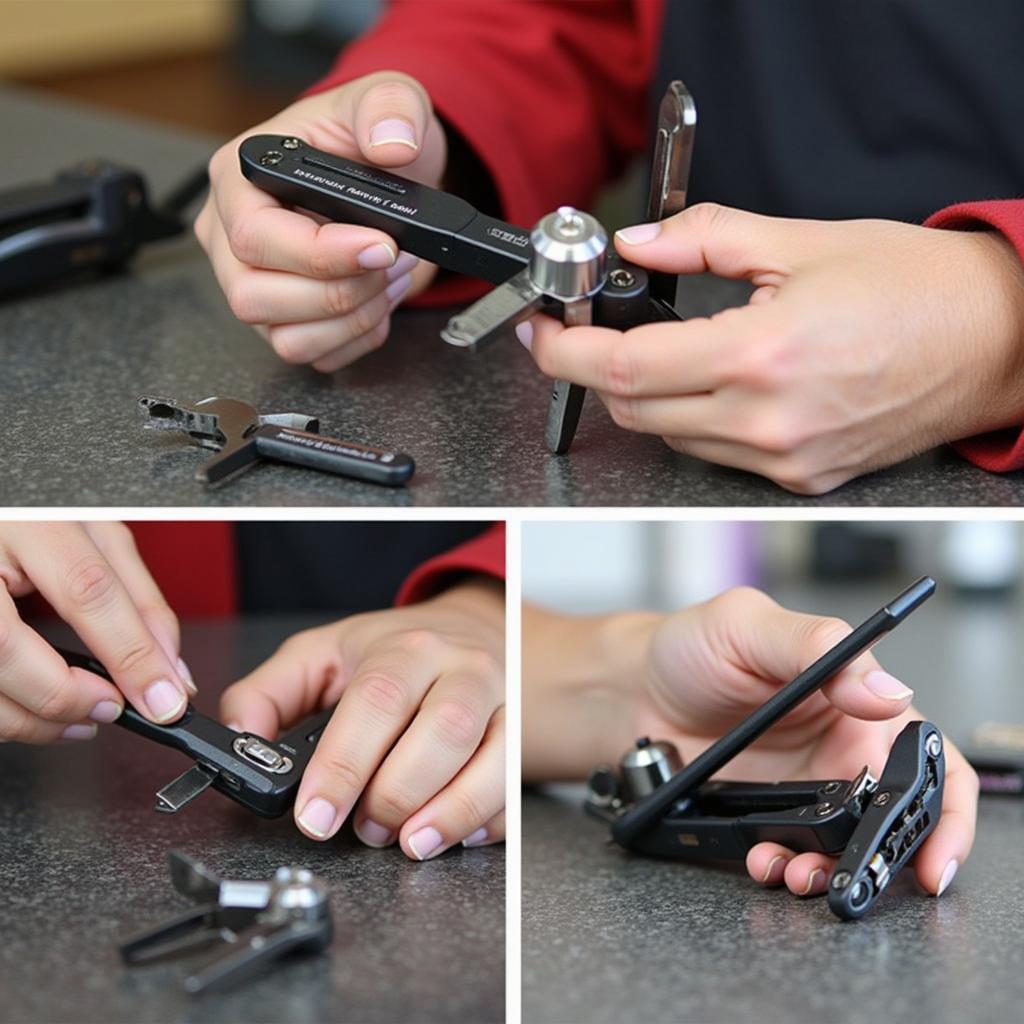 A person cleaning their cordless multi-tool after use with a brush and cloth.