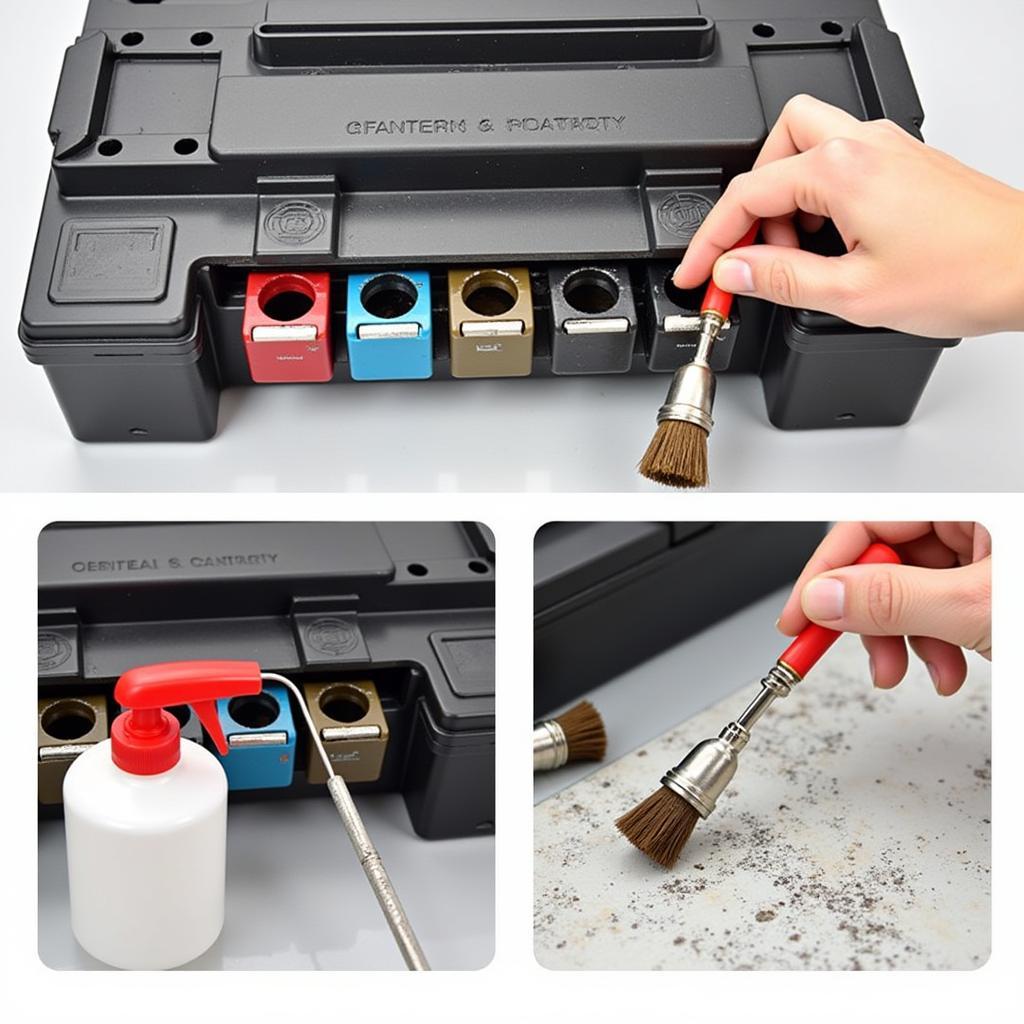 Cleaning car battery terminals and tray using a wire brush and cleaning solution.