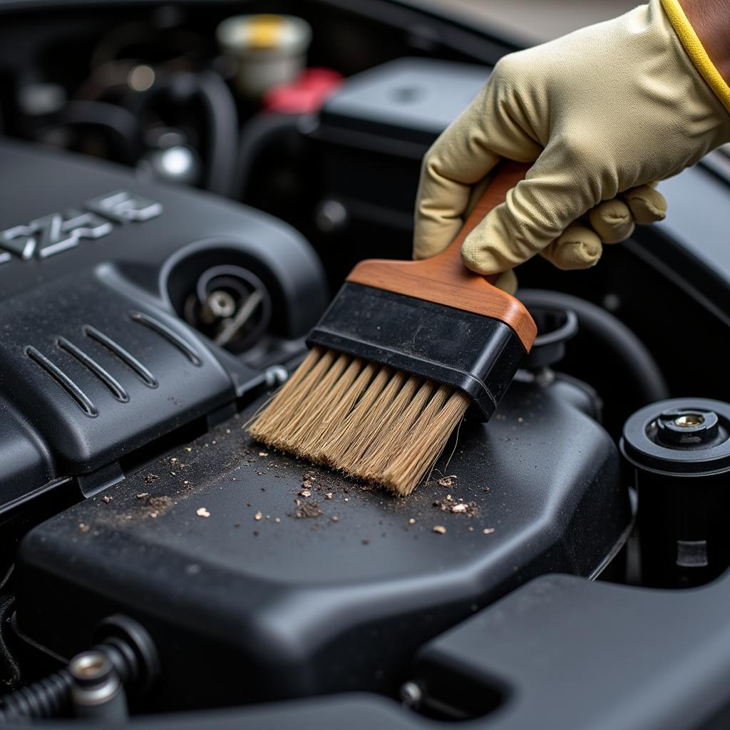 Cleaning a car engine with a brush and degreaser