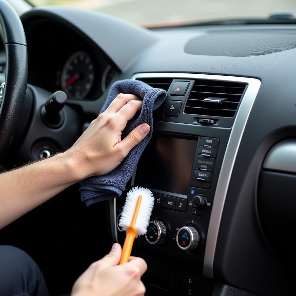 Cleaning Car Interior with Microfiber Cloth and Detailing Brush