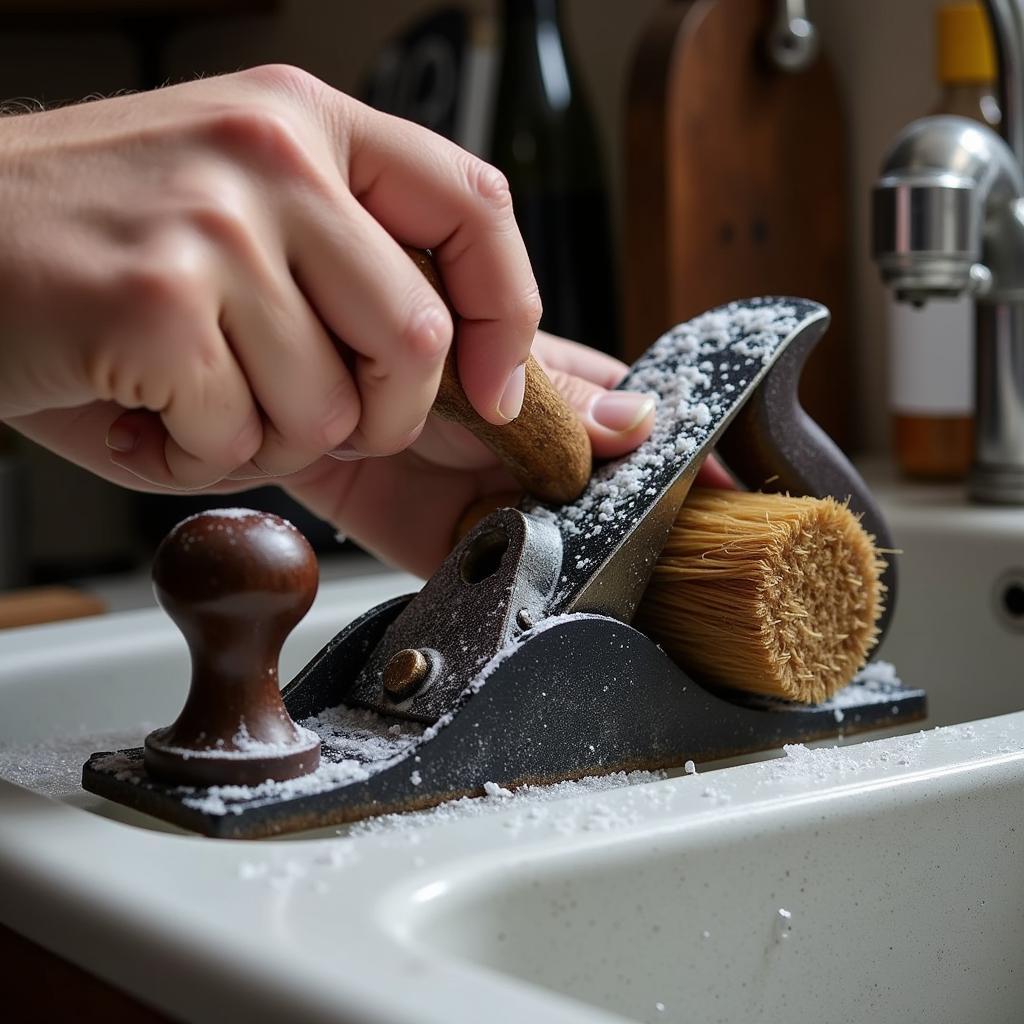 Cleaning a cast iron tool with a stiff brush and warm soapy water