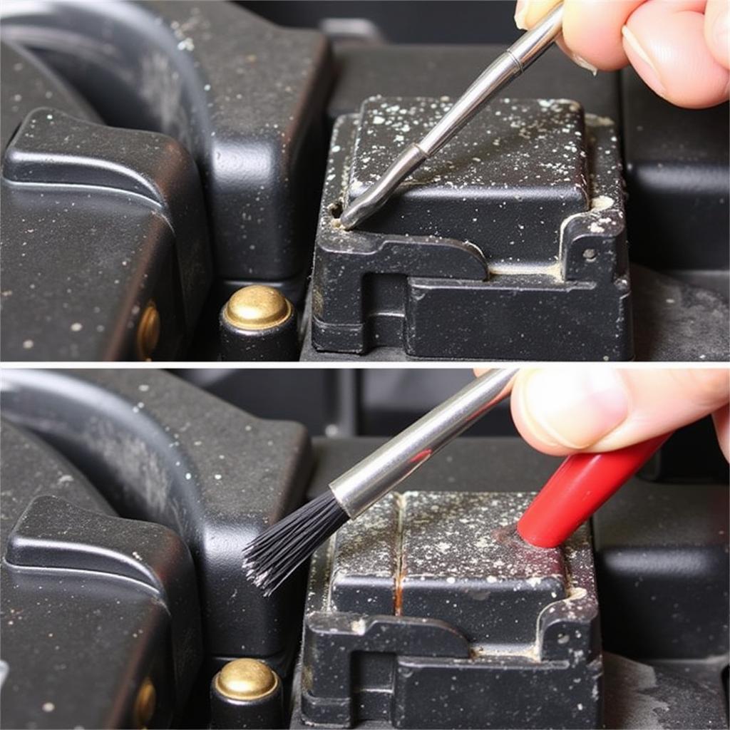 Cleaning a Corroded Car Battery Terminal with a Wire Brush