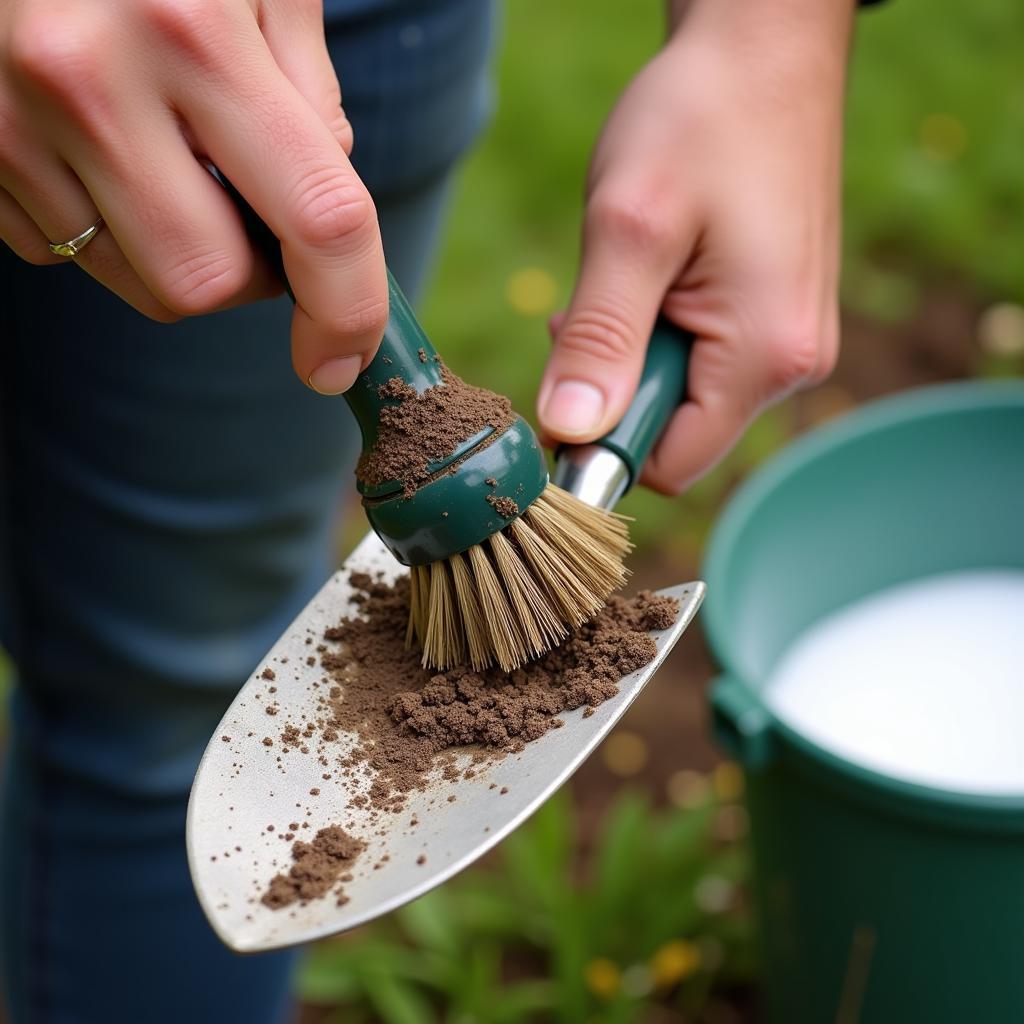 Cleaning Garden Tools: Brush and Water