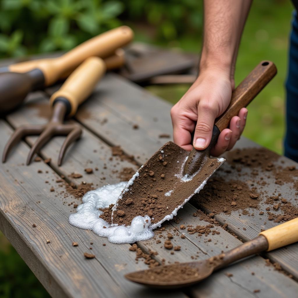 Cleaning garden tools with soap and water