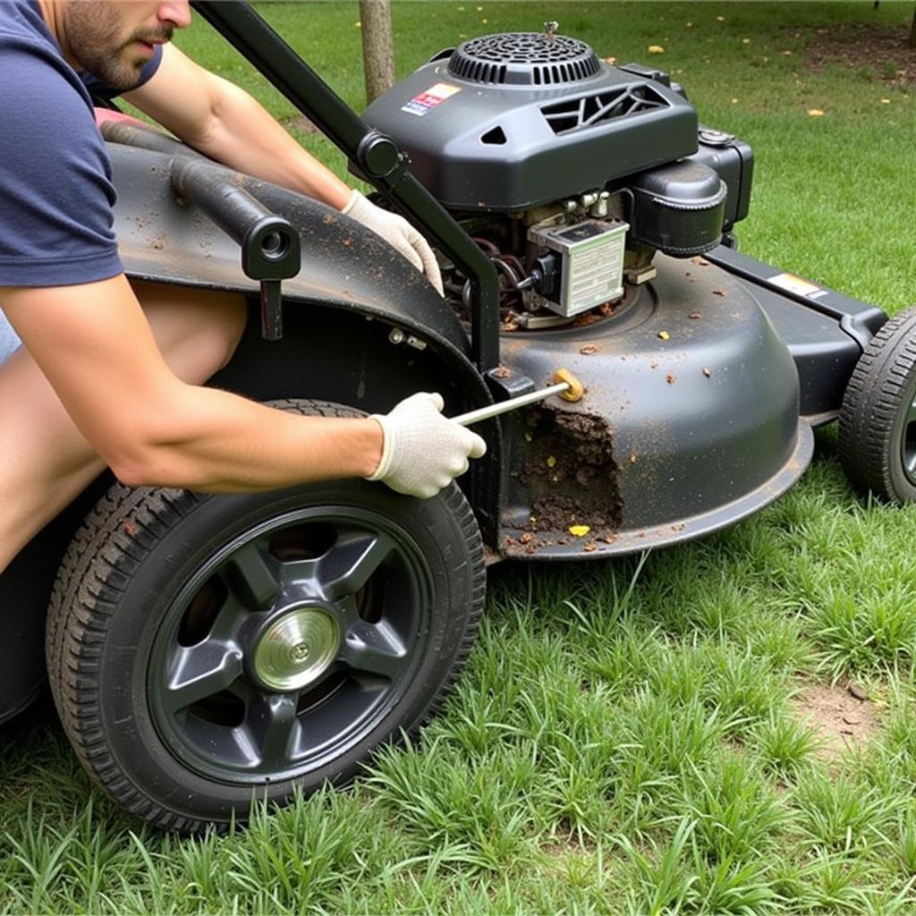 Cleaning the underside of a lawnmower deck