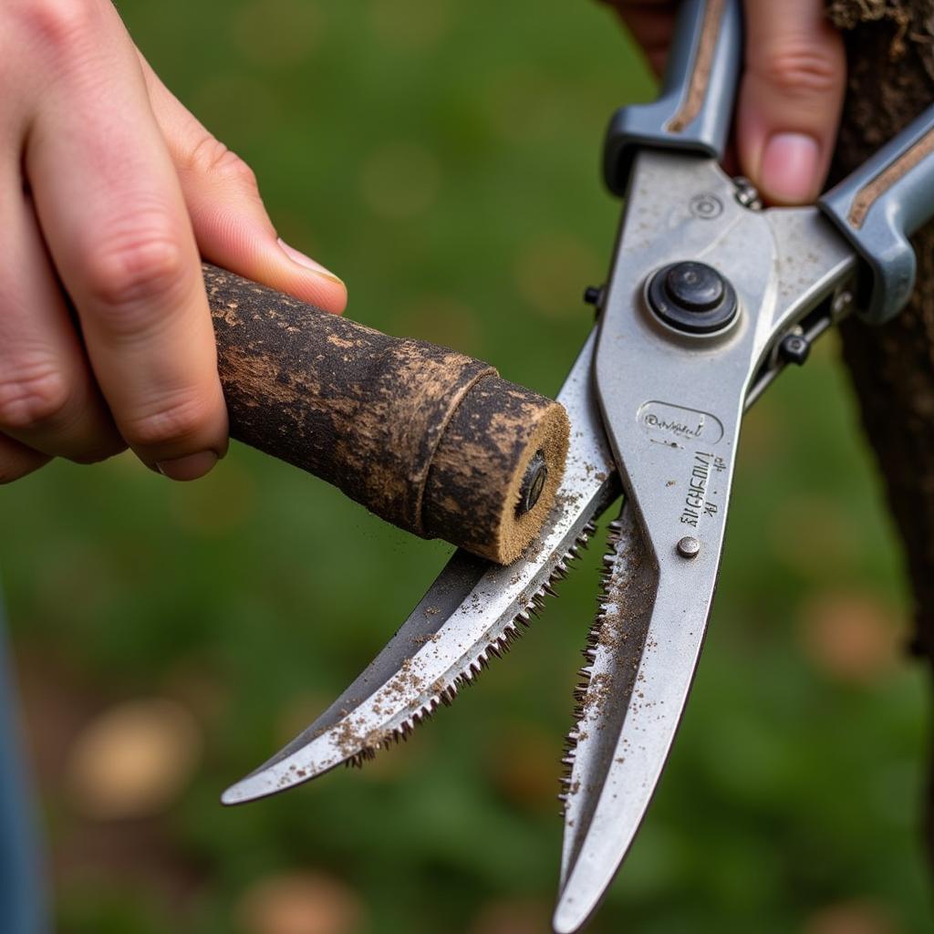 Cleaning Pruning Shears with a Wire Brush