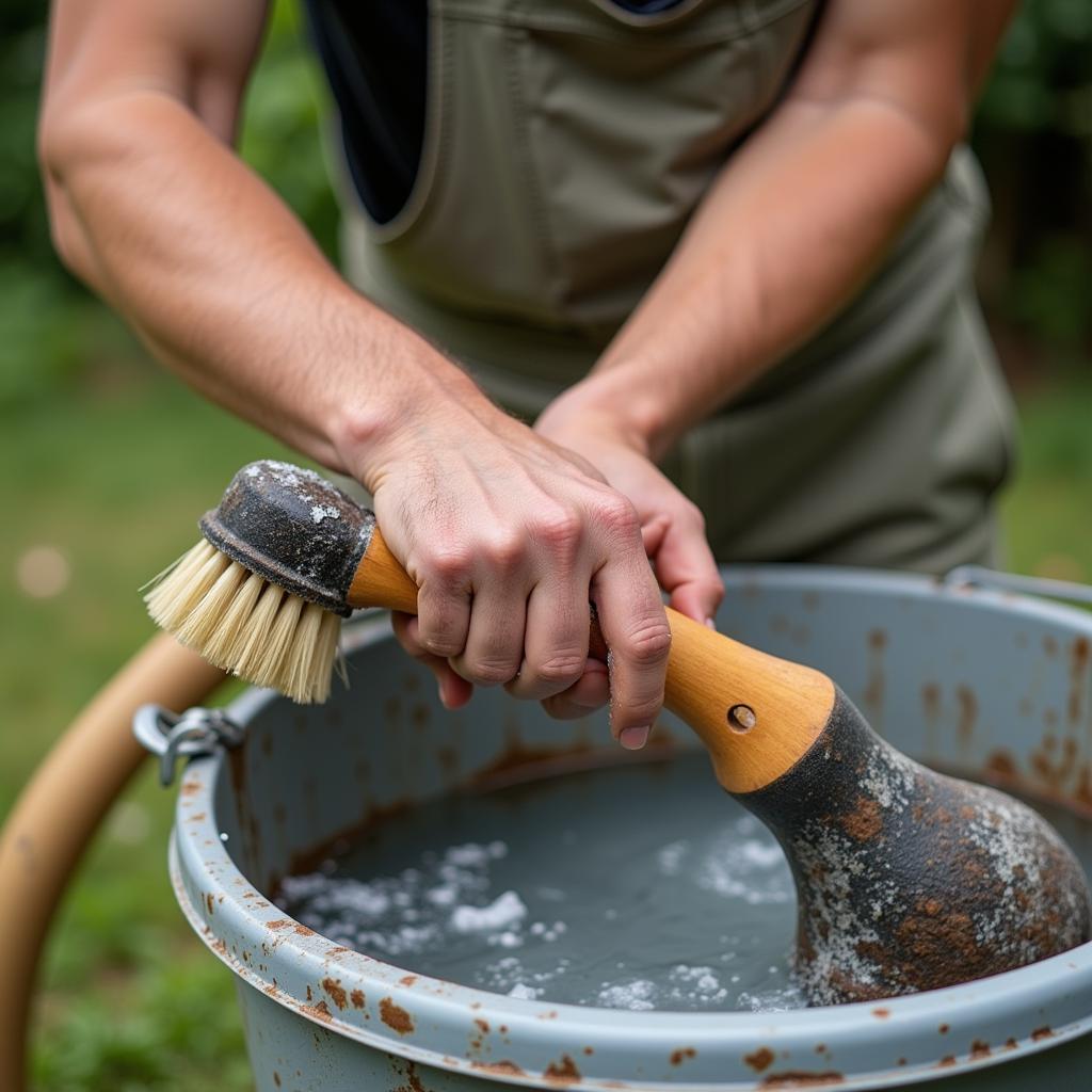 Cleaning wooden garden tool handles with a brush and soapy water removes dirt and grime, preparing the wood for oiling and preventing rot.