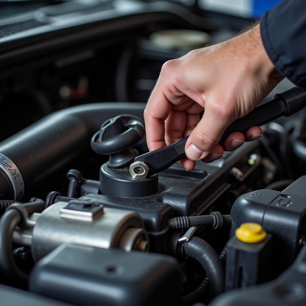 Close-up of Mechanic's Hands Using a Wrench