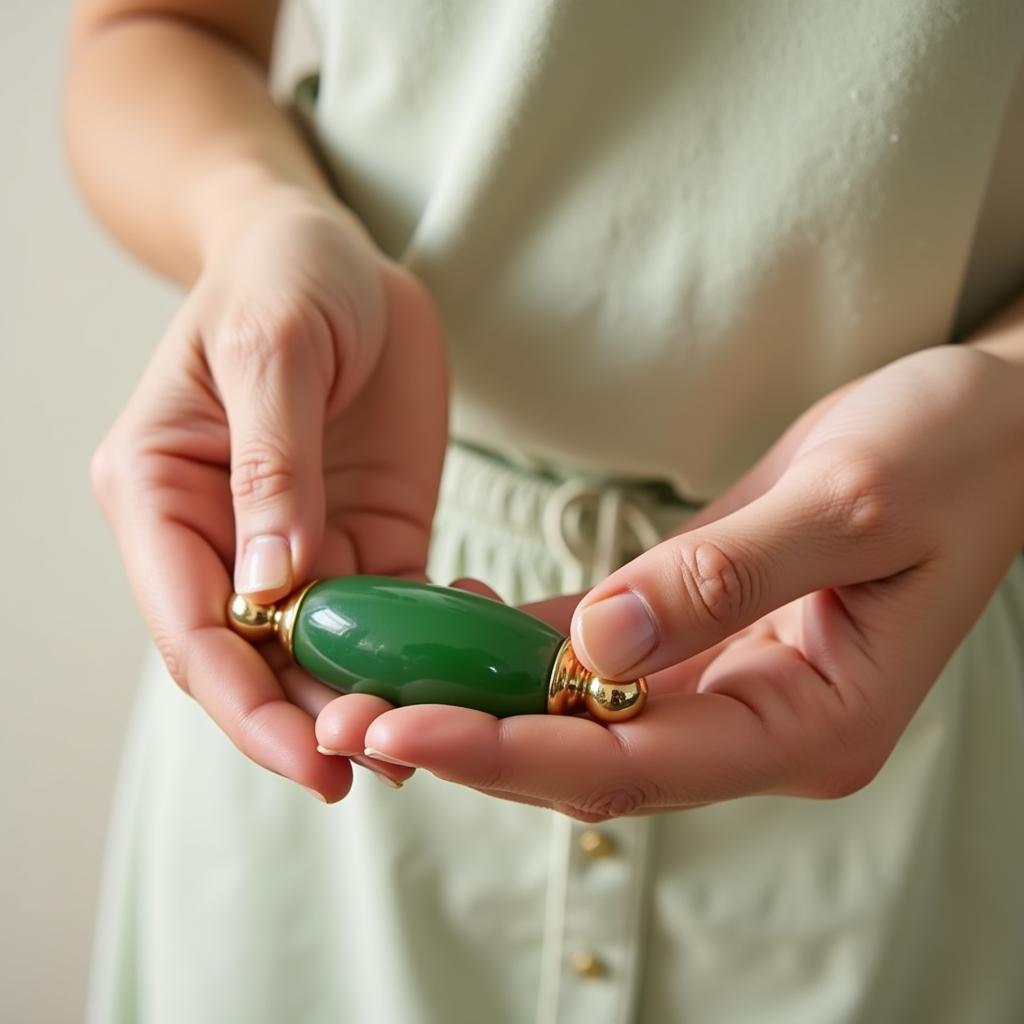 Close-up of Hands Holding a Jade Roller