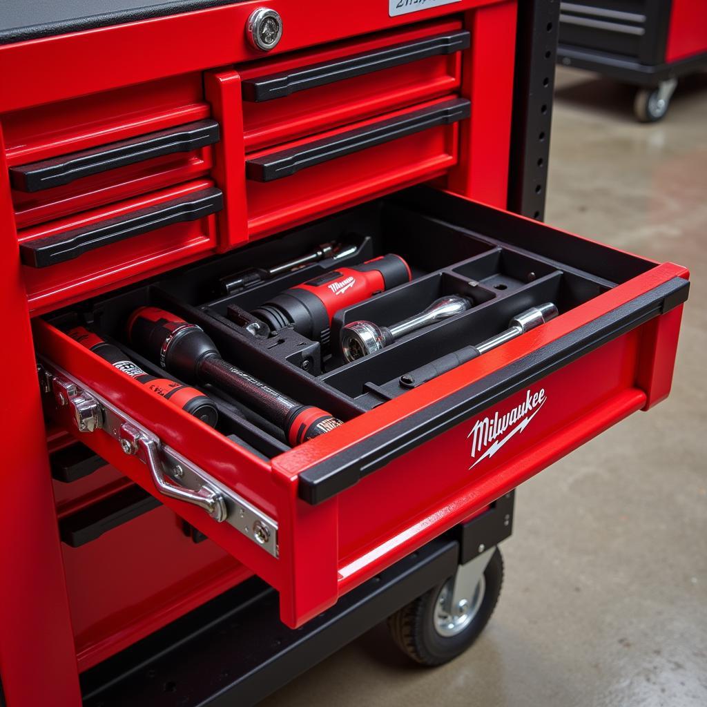 Close-Up View of Milwaukee Wheeled Tool Car Drawers