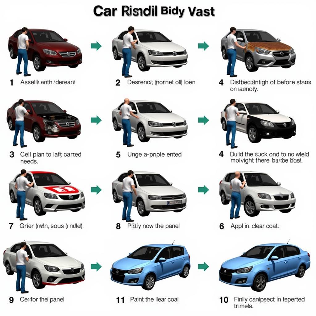 Car Mechanic Simulator 2015 body repair process: Assessment, disassembly, dent removal, welding, grinding, sanding, priming, painting, clear coat, reassembly, and final inspection.