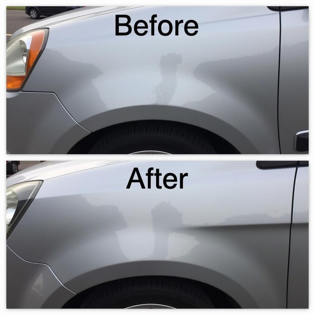 Comparing PDR Results: Before and After images of a dent repair performed using techniques learned from a YouTube tutorial.