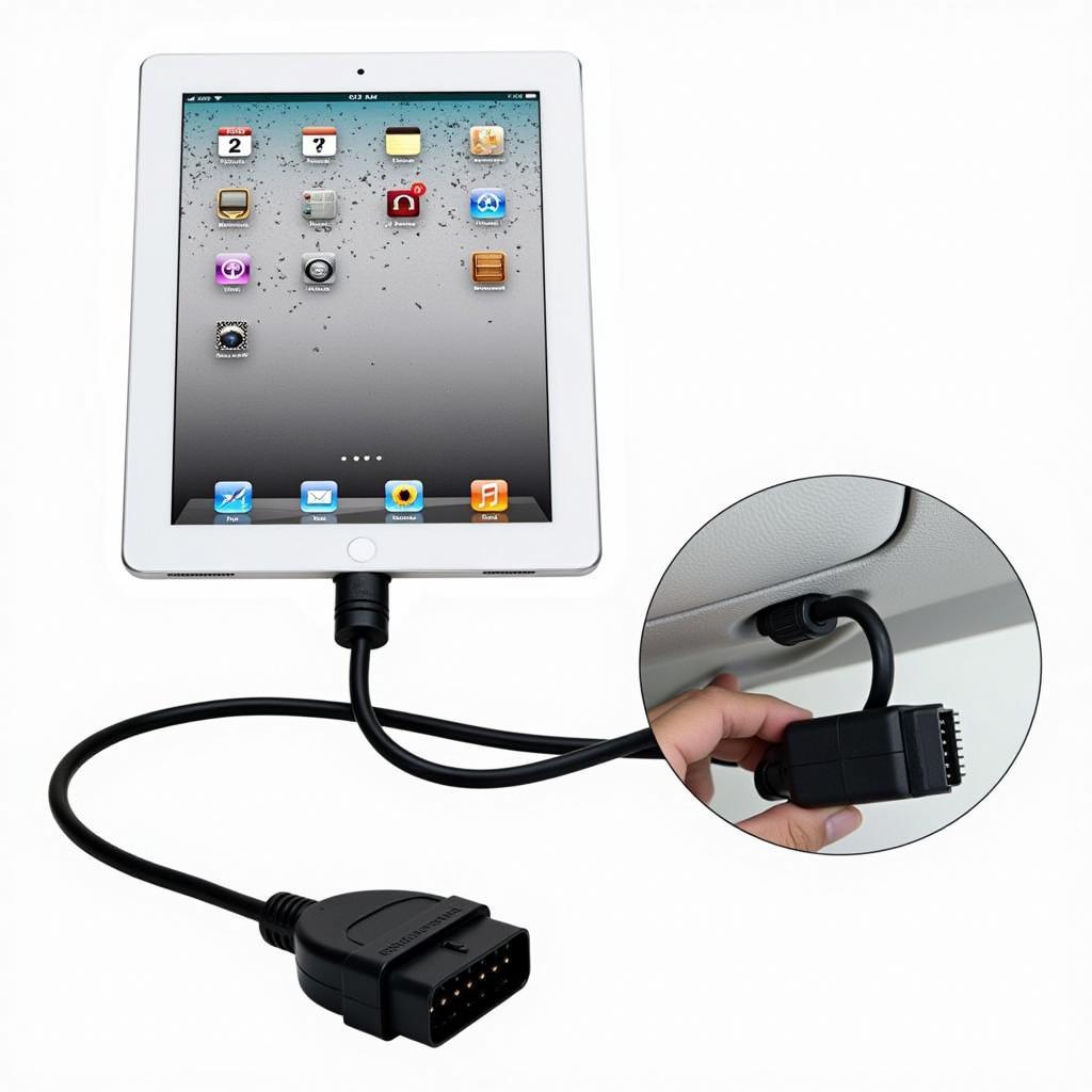 Connecting an iPad to a car's OBD-II port using a diagnostic interface cable.