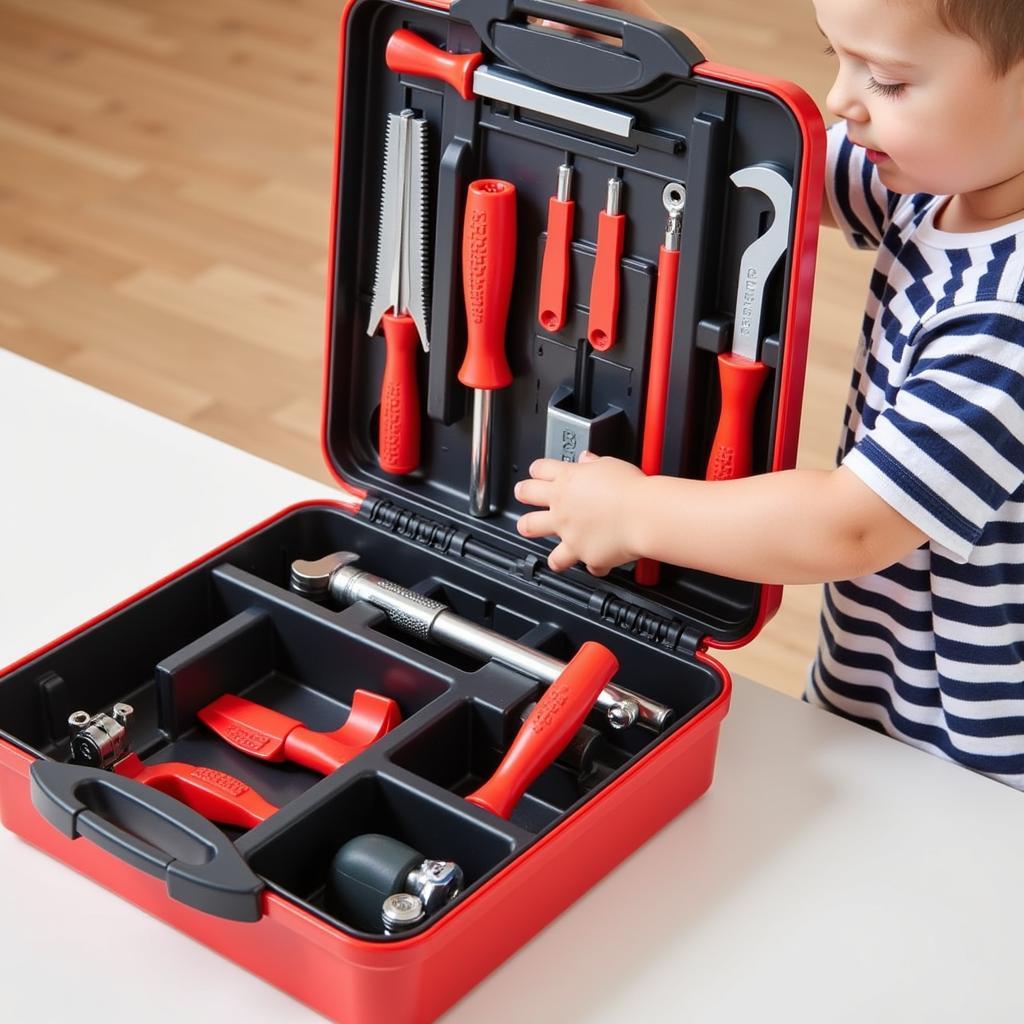 A child storing their Craftsman toy tool set and car engine in a case.