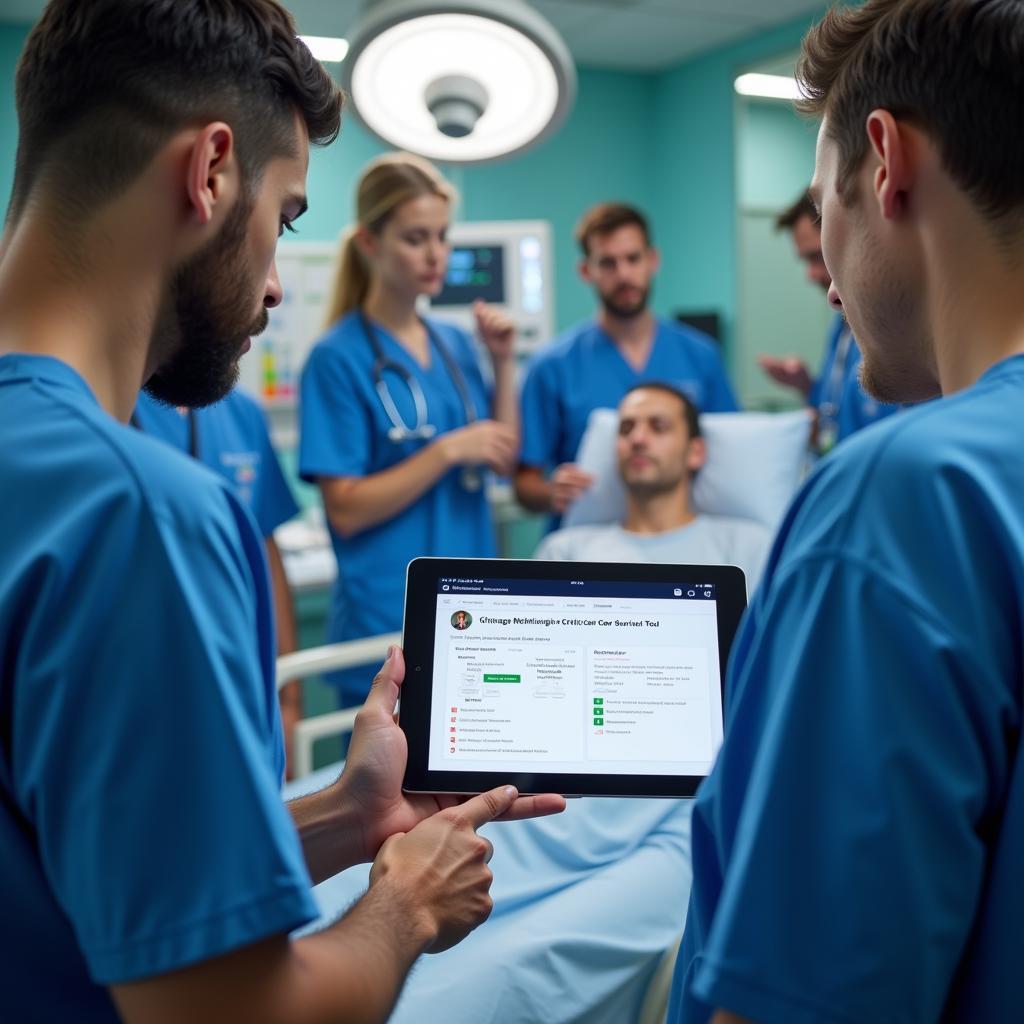 Critical Care Team Using Survival Tool:  A medical team in an ICU setting consults a digital version of the survival tool on a tablet while attending to a patient.