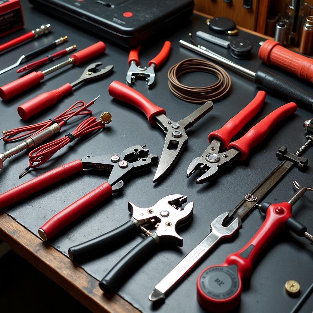 Custom car audio installation tool kit with various tools like wire strippers, crimpers, and panel removal tools.