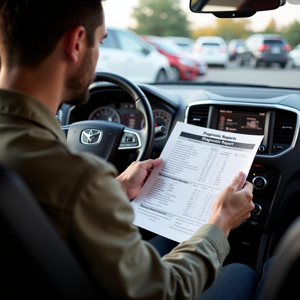 Customer reviewing a car diagnostic report during a northern tool car sale