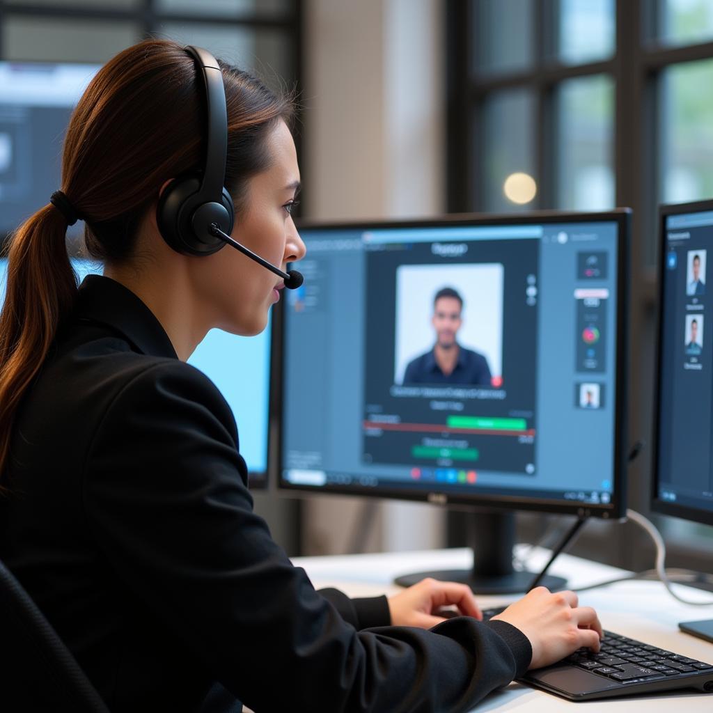 Customer support agent using a headset while working on a computer