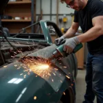 Cutting a car body panel with a reciprocating saw