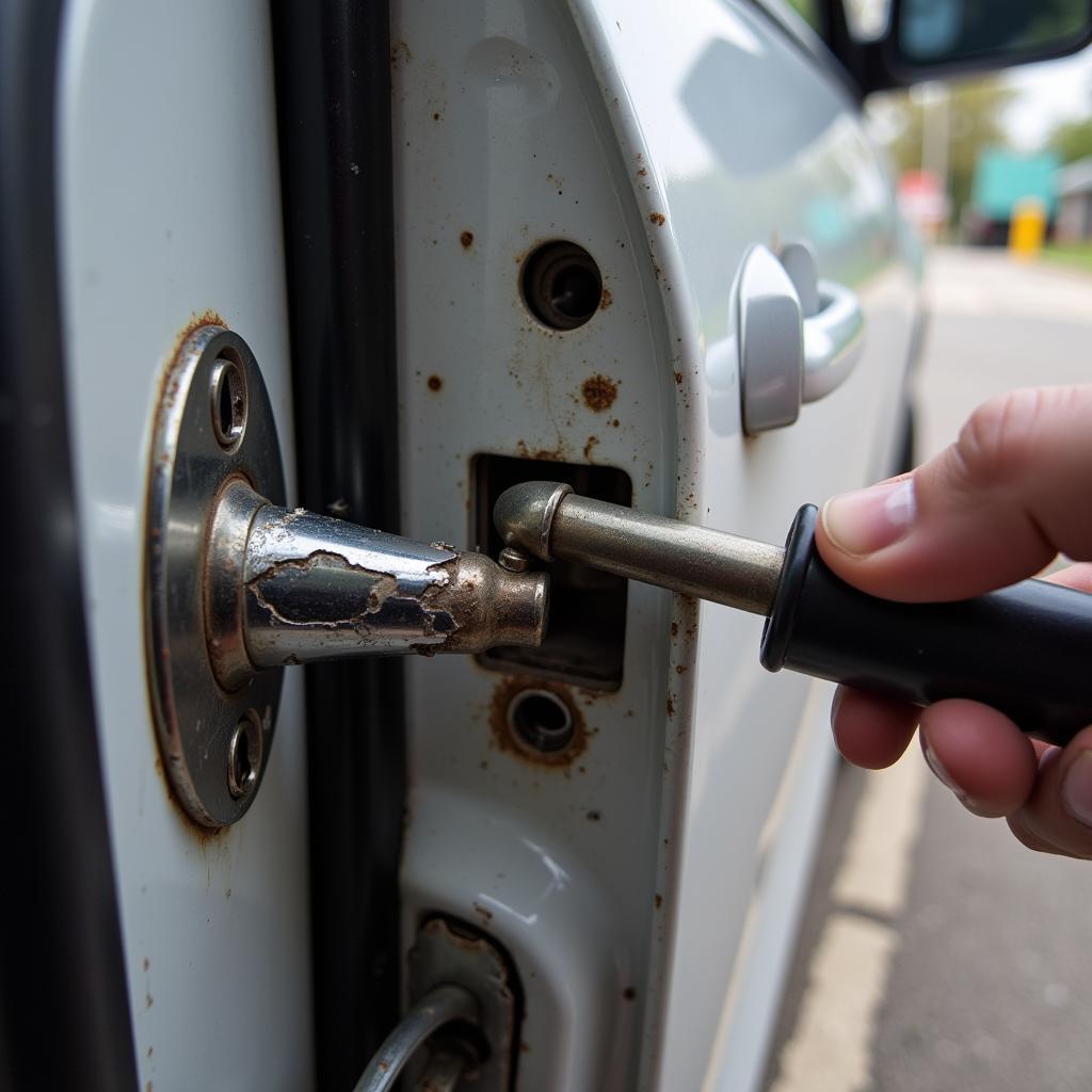 Damaged Car Door Lock After Break-In Attempt