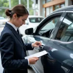 Dealer inspecting used car with checklist