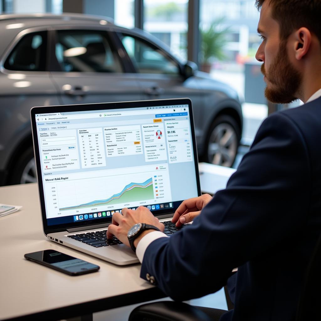 Car Dealer Using New Car Pricing Software on Laptop