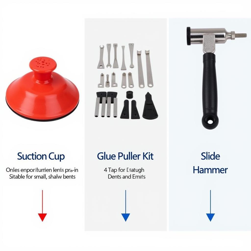 Dent Removal Tools Comparison: A side-by-side visual comparison of different dent removal tools, including suction cup dent pullers, glue pullers, and slide hammers, highlighting their key features and applications.